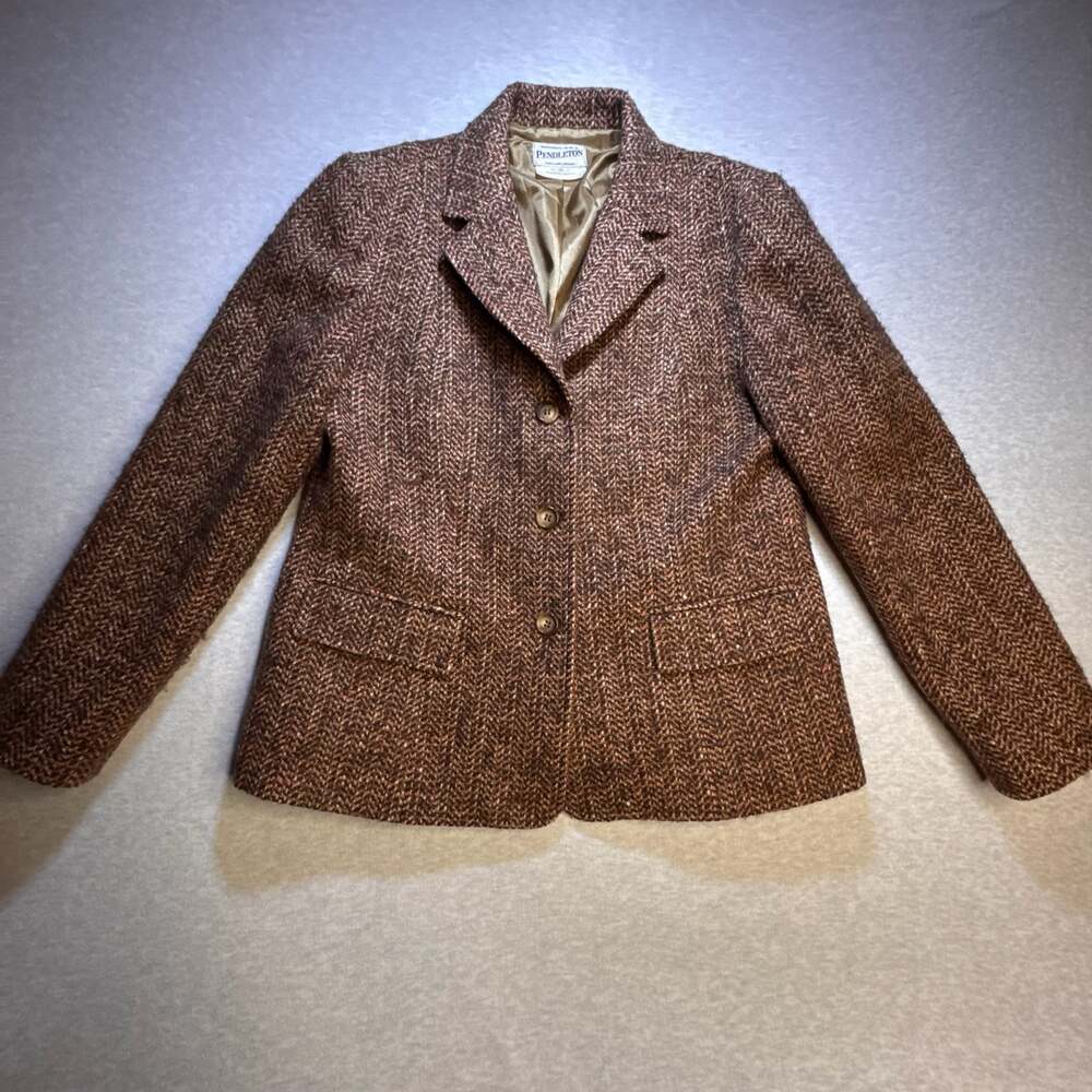 Vintage Pendleton Brown Herringbone Tweed Wool Blazer Jacket
